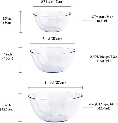 Glass Mixing Bowl Set with Airtight Lids for Kitchen Baking Prepping, Serving, Cooking 0.6QT, 1.1QT, 2.2QT, 4QT Salad Bowl Set with Lids, Dishwasher and Microwavable Safe