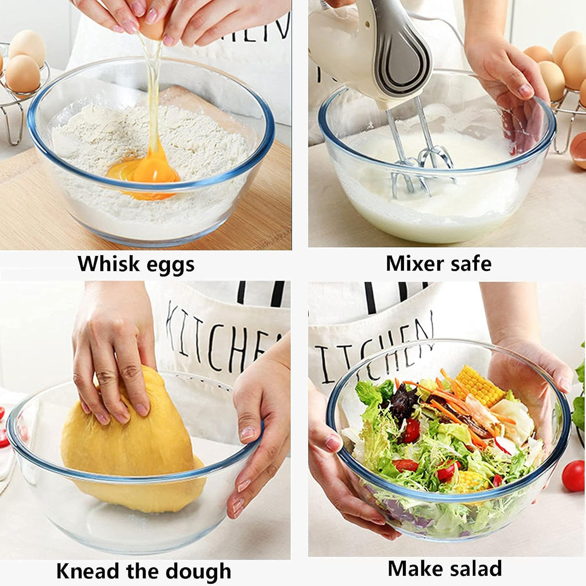 Glass Mixing Bowl Set with Airtight Lids for Kitchen Baking Prepping, Serving, Cooking 0.6QT, 1.1QT, 2.2QT, 4QT Salad Bowl Set with Lids, Dishwasher and Microwavable Safe