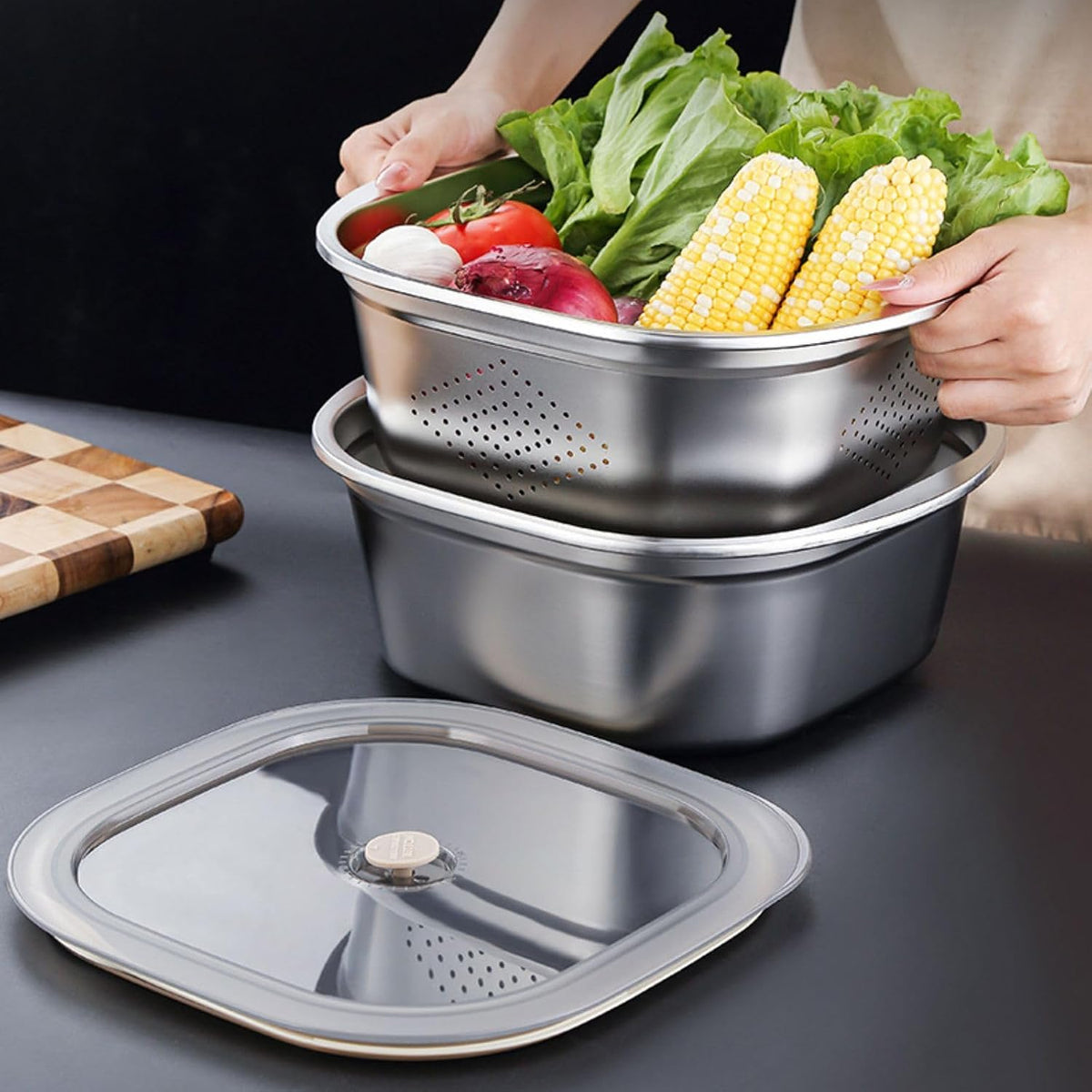 Stainless Steel Washing Up Bowl Set, Square Dish Tub with Colander&Lid, Multi-purpose Fruit Vegetable Washing Basin with Strainer for Sink, Kitchen Preparation, Wshing,Storage, 11in*4in