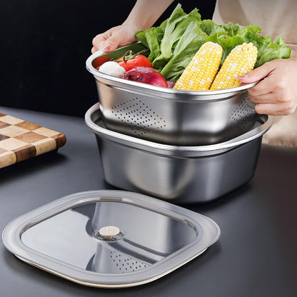 Stainless Steel Washing Up Bowl Set, Square Dish Tub with Colander&Lid, Multi-purpose Fruit Vegetable Washing Basin with Strainer for Sink, Kitchen Preparation, Wshing,Storage, 11in*4in