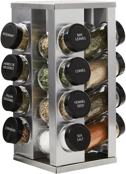16 Jar Heritage Revolving Countertop Spice Rack Organizer with Spices Included, FREE Spice Refills for 5 years, Brushed Stainless Steel with Black Caps