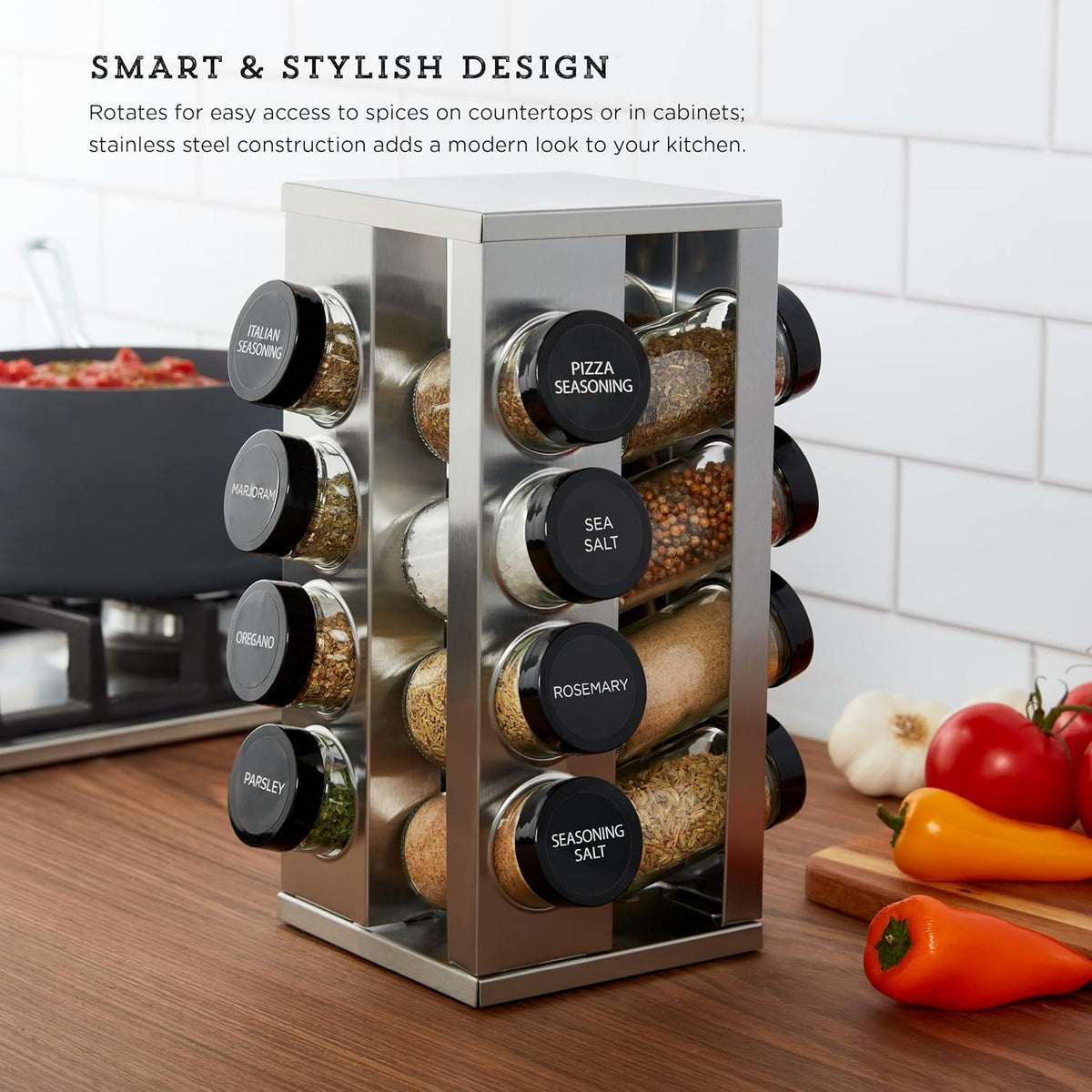 16 Jar Heritage Revolving Countertop Spice Rack Organizer with Spices Included, FREE Spice Refills for 5 years, Brushed Stainless Steel with Black Caps