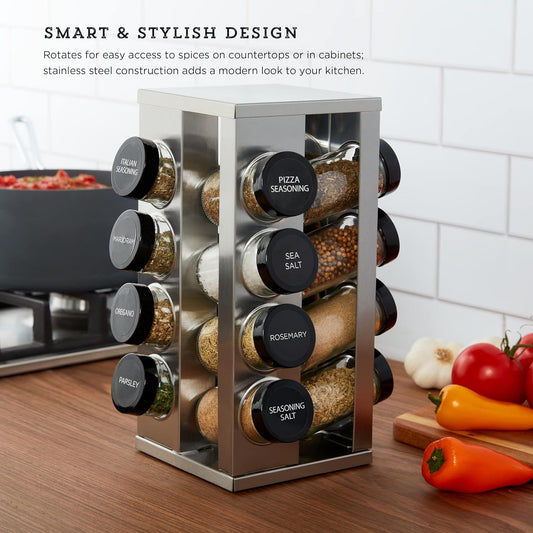 16 Jar Heritage Revolving Countertop Spice Rack Organizer with Spices Included, FREE Spice Refills for 5 years, Brushed Stainless Steel with Black Caps