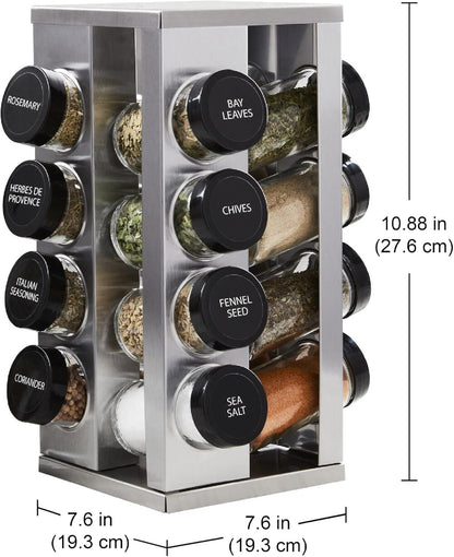 16 Jar Heritage Revolving Countertop Spice Rack Organizer with Spices Included, FREE Spice Refills for 5 years, Brushed Stainless Steel with Black Caps