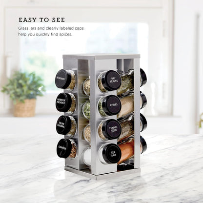 16 Jar Heritage Revolving Countertop Spice Rack Organizer with Spices Included, FREE Spice Refills for 5 years, Brushed Stainless Steel with Black Caps