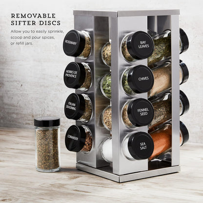 16 Jar Heritage Revolving Countertop Spice Rack Organizer with Spices Included, FREE Spice Refills for 5 years, Brushed Stainless Steel with Black Caps