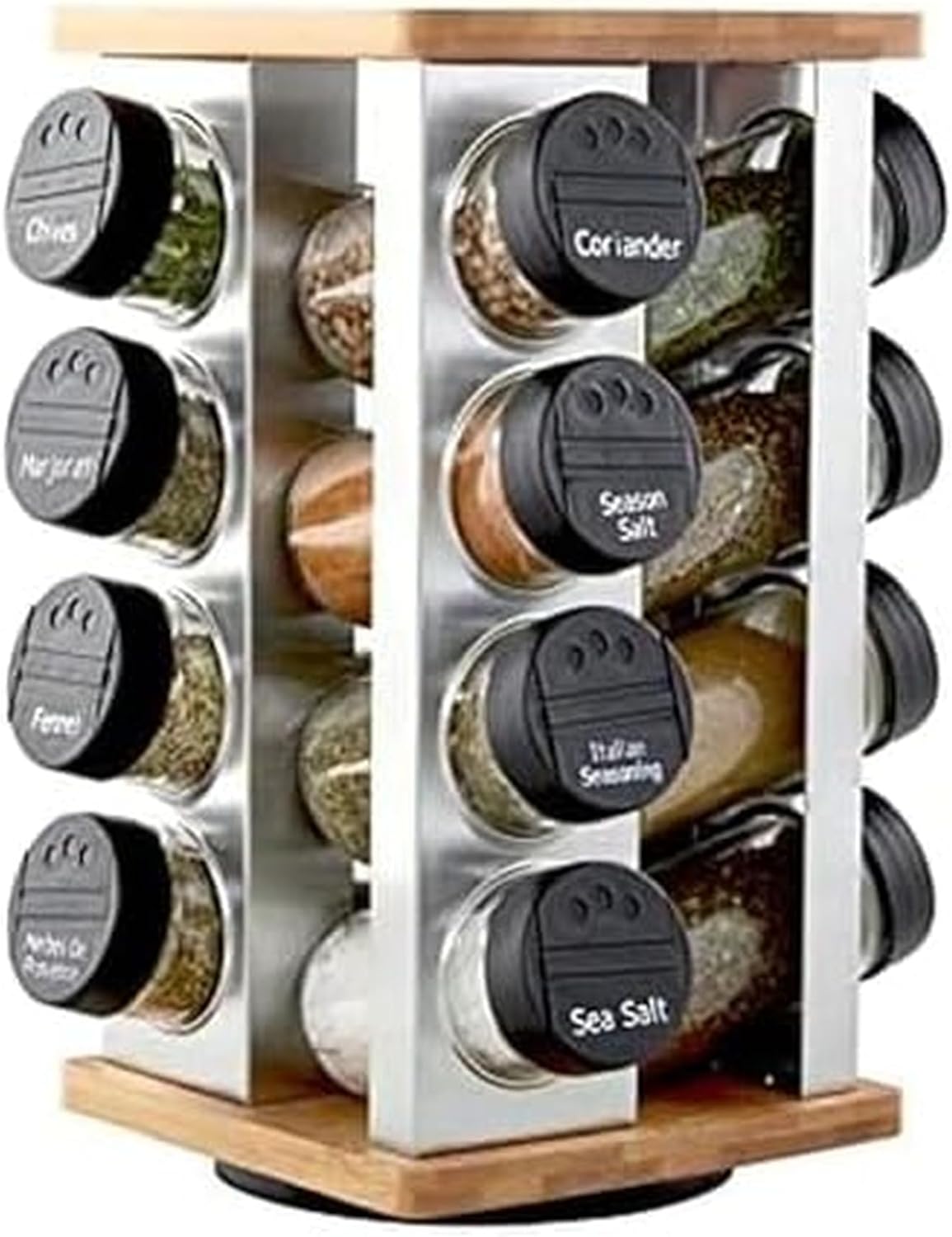 16 Jar Heritage Revolving Countertop Spice Rack Organizer with Spices Included, FREE Spice Refills for 5 years, Brushed Stainless Steel with Black Caps