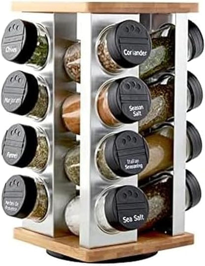 16 Jar Heritage Revolving Countertop Spice Rack Organizer with Spices Included, FREE Spice Refills for 5 years, Brushed Stainless Steel with Black Caps