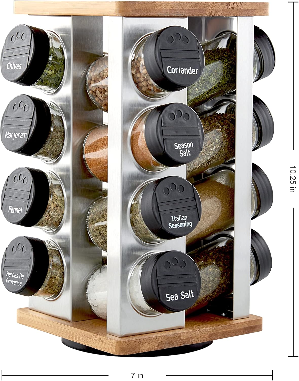 16 Jar Heritage Revolving Countertop Spice Rack Organizer with Spices Included, FREE Spice Refills for 5 years, Brushed Stainless Steel with Black Caps