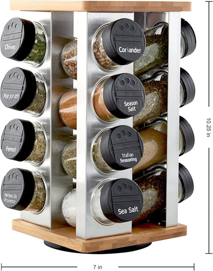 16 Jar Heritage Revolving Countertop Spice Rack Organizer with Spices Included, FREE Spice Refills for 5 years, Brushed Stainless Steel with Black Caps