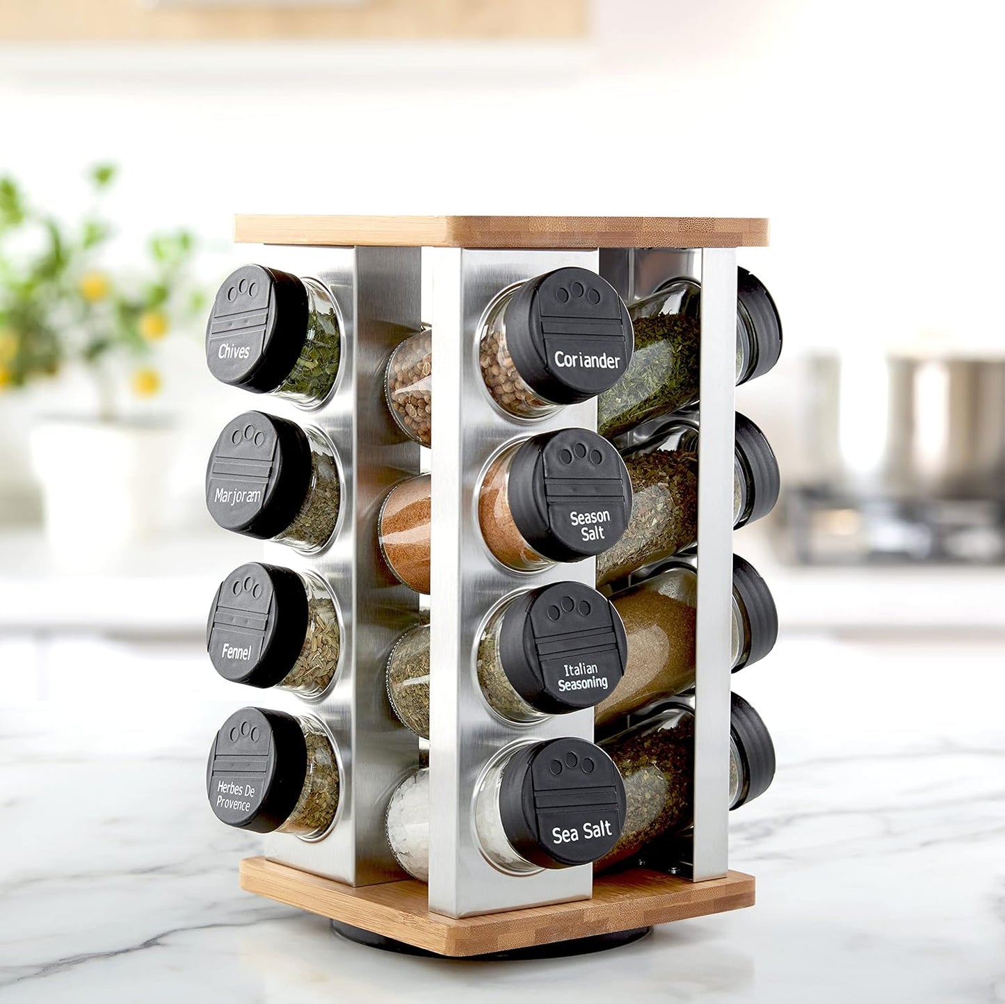 16 Jar Heritage Revolving Countertop Spice Rack Organizer with Spices Included, FREE Spice Refills for 5 years, Brushed Stainless Steel with Black Caps