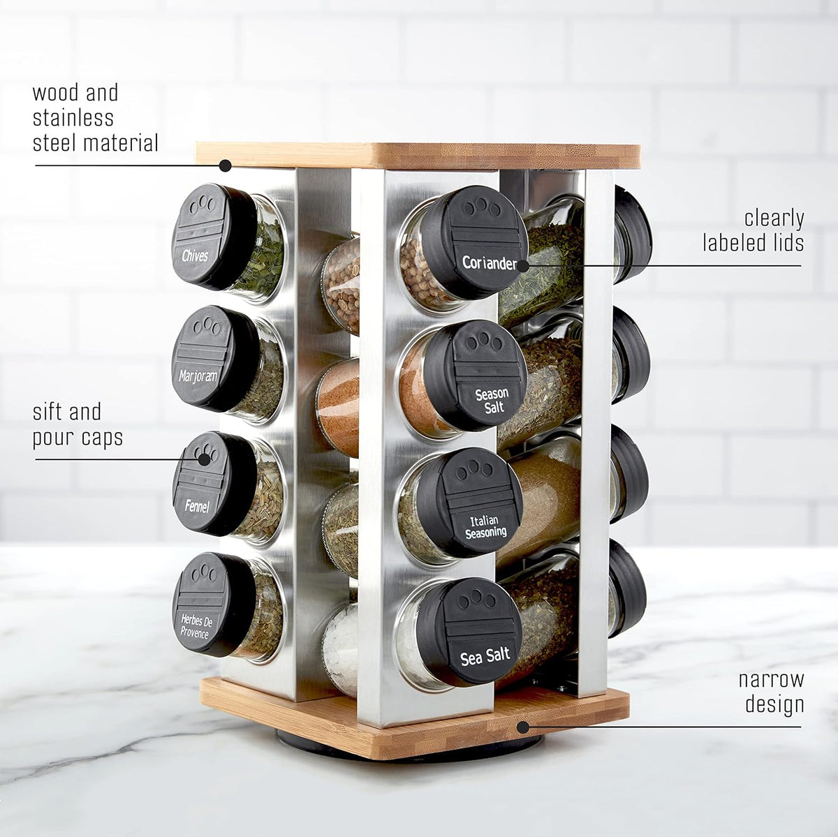 16 Jar Heritage Revolving Countertop Spice Rack Organizer with Spices Included, FREE Spice Refills for 5 years, Brushed Stainless Steel with Black Caps