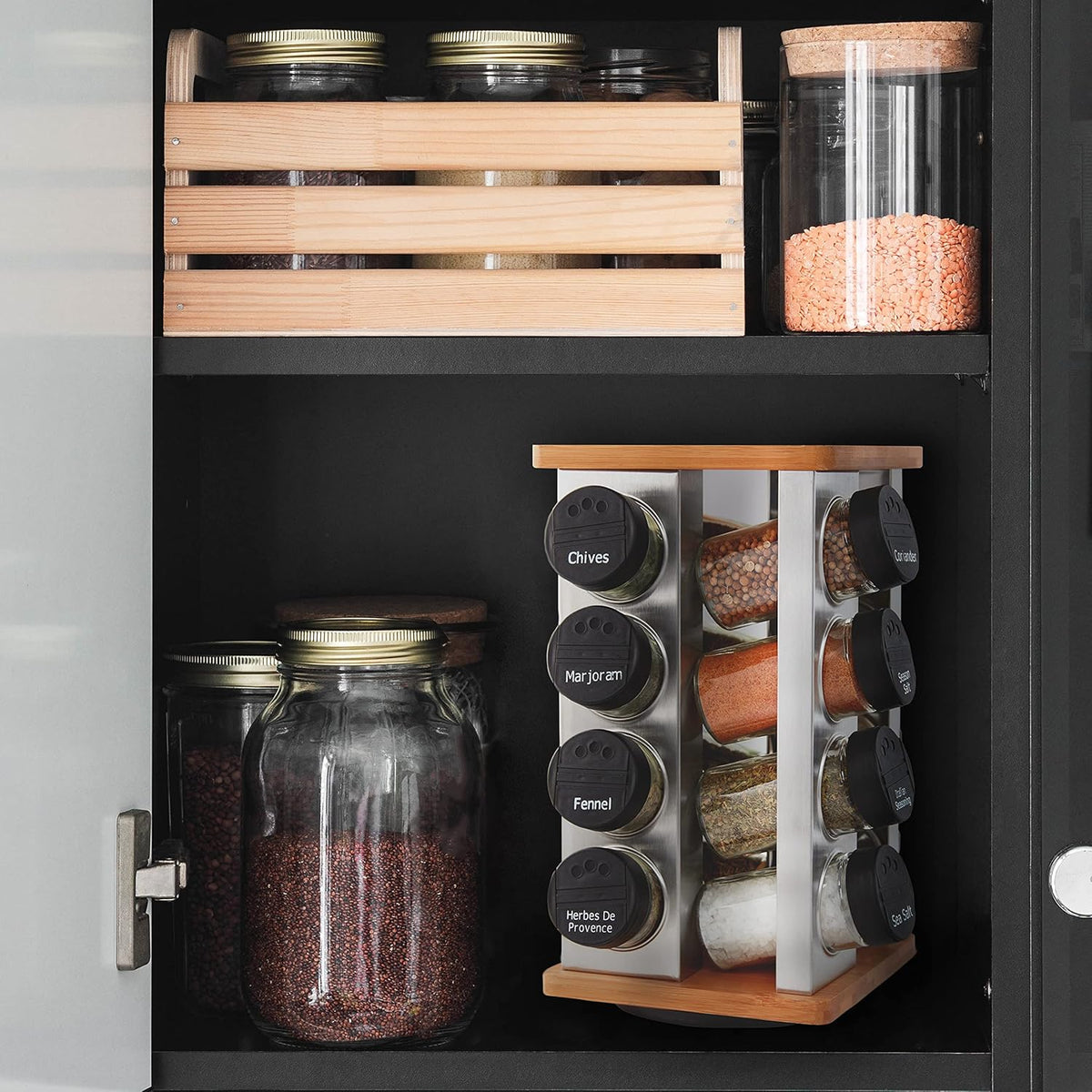 16 Jar Heritage Revolving Countertop Spice Rack Organizer with Spices Included, FREE Spice Refills for 5 years, Brushed Stainless Steel with Black Caps