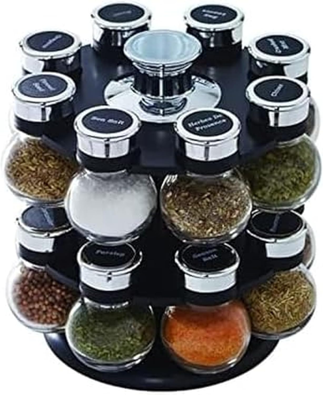16 Jar Heritage Revolving Countertop Spice Rack Organizer with Spices Included, FREE Spice Refills for 5 years, Brushed Stainless Steel with Black Caps