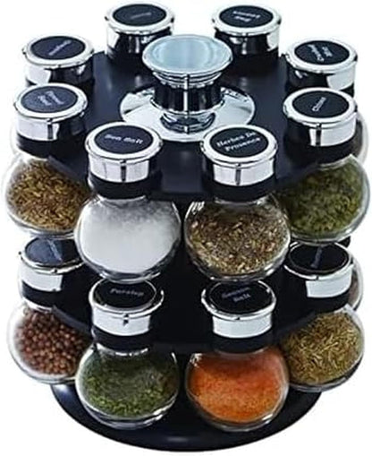 16 Jar Heritage Revolving Countertop Spice Rack Organizer with Spices Included, FREE Spice Refills for 5 years, Brushed Stainless Steel with Black Caps