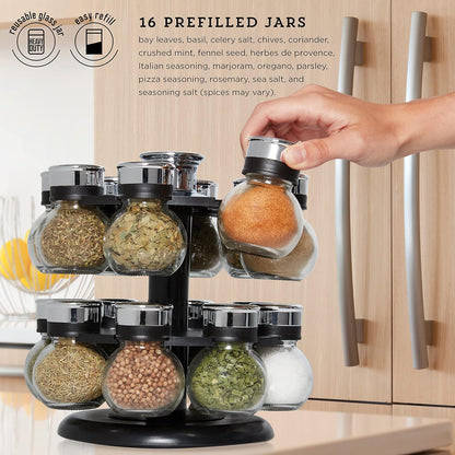 16 Jar Heritage Revolving Countertop Spice Rack Organizer with Spices Included, FREE Spice Refills for 5 years, Brushed Stainless Steel with Black Caps