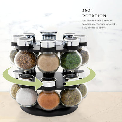 16 Jar Heritage Revolving Countertop Spice Rack Organizer with Spices Included, FREE Spice Refills for 5 years, Brushed Stainless Steel with Black Caps