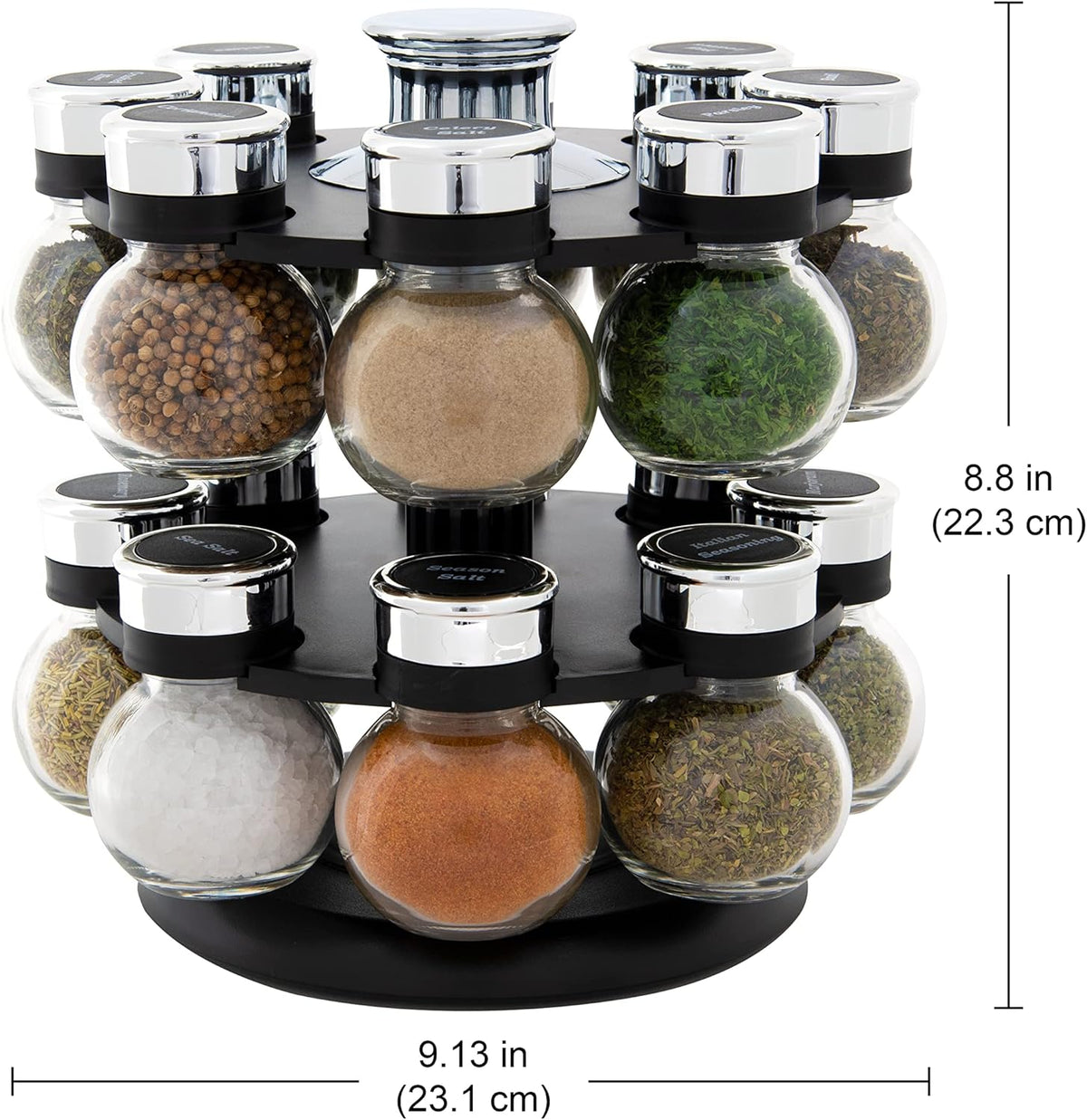 16 Jar Heritage Revolving Countertop Spice Rack Organizer with Spices Included, FREE Spice Refills for 5 years, Brushed Stainless Steel with Black Caps