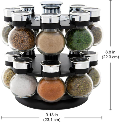 16 Jar Heritage Revolving Countertop Spice Rack Organizer with Spices Included, FREE Spice Refills for 5 years, Brushed Stainless Steel with Black Caps