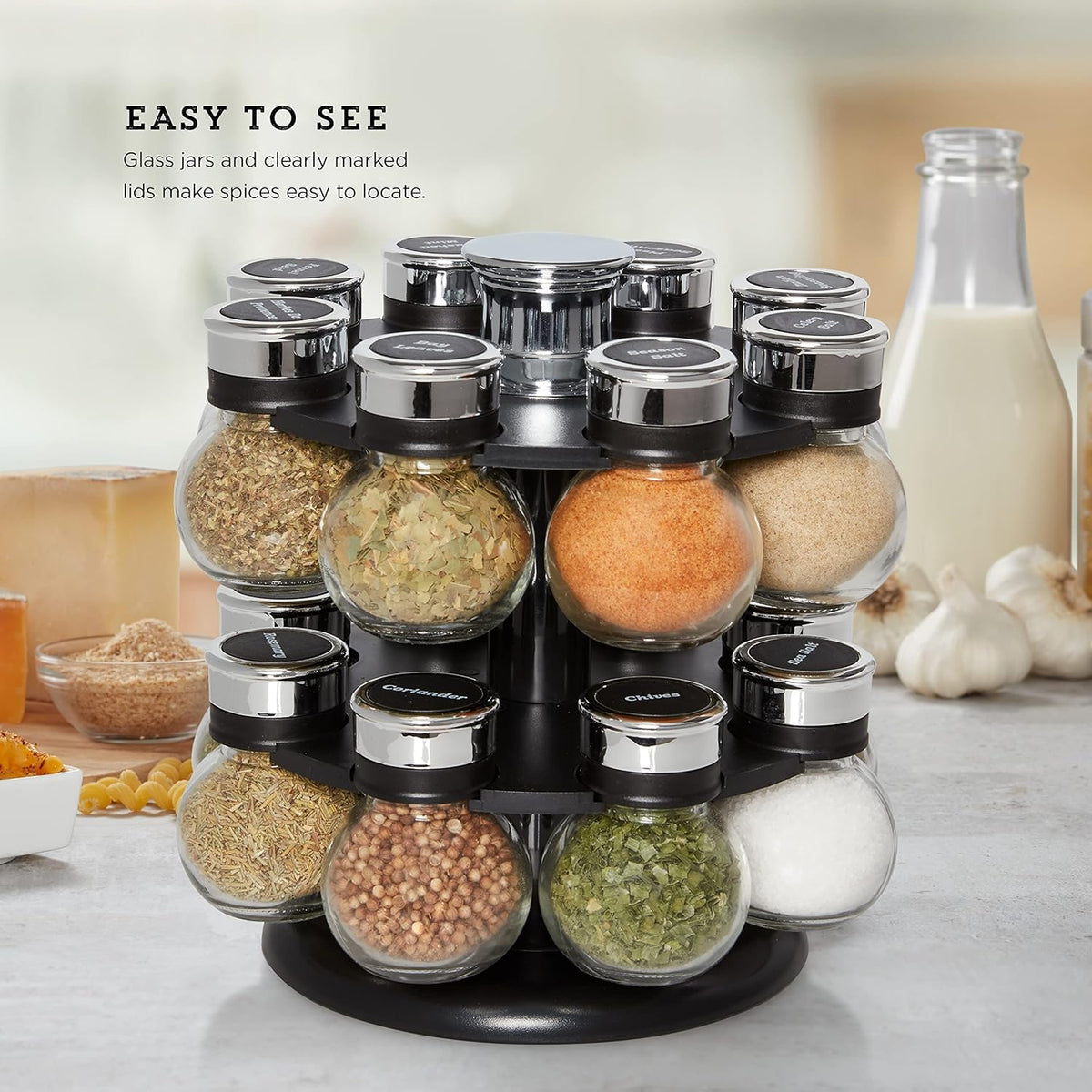 16 Jar Heritage Revolving Countertop Spice Rack Organizer with Spices Included, FREE Spice Refills for 5 years, Brushed Stainless Steel with Black Caps