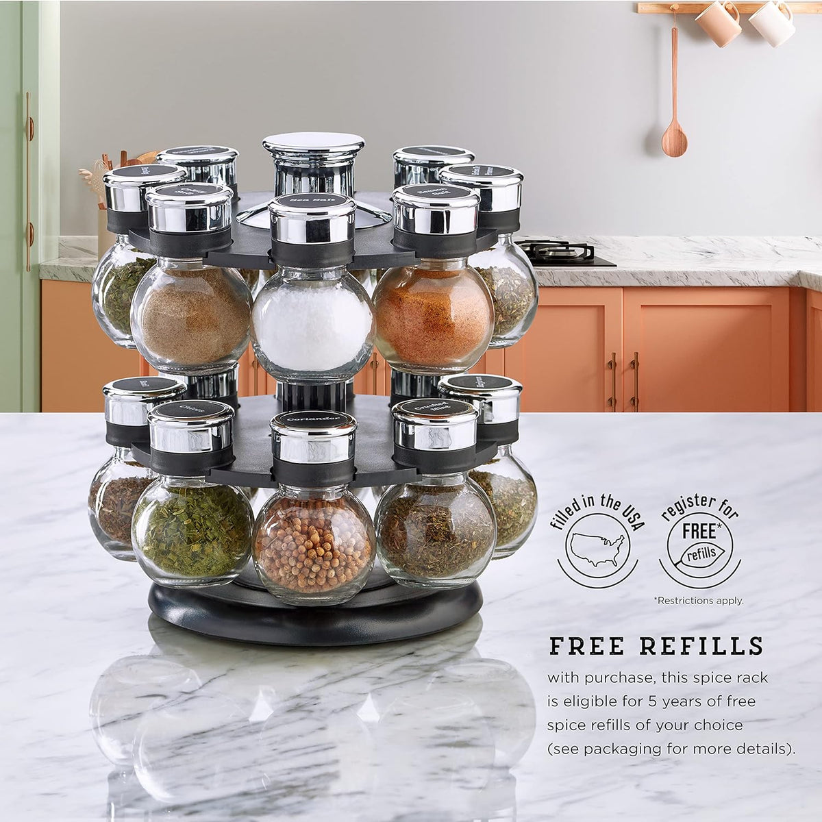 16 Jar Heritage Revolving Countertop Spice Rack Organizer with Spices Included, FREE Spice Refills for 5 years, Brushed Stainless Steel with Black Caps