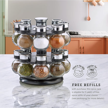 16 Jar Heritage Revolving Countertop Spice Rack Organizer with Spices Included, FREE Spice Refills for 5 years, Brushed Stainless Steel with Black Caps