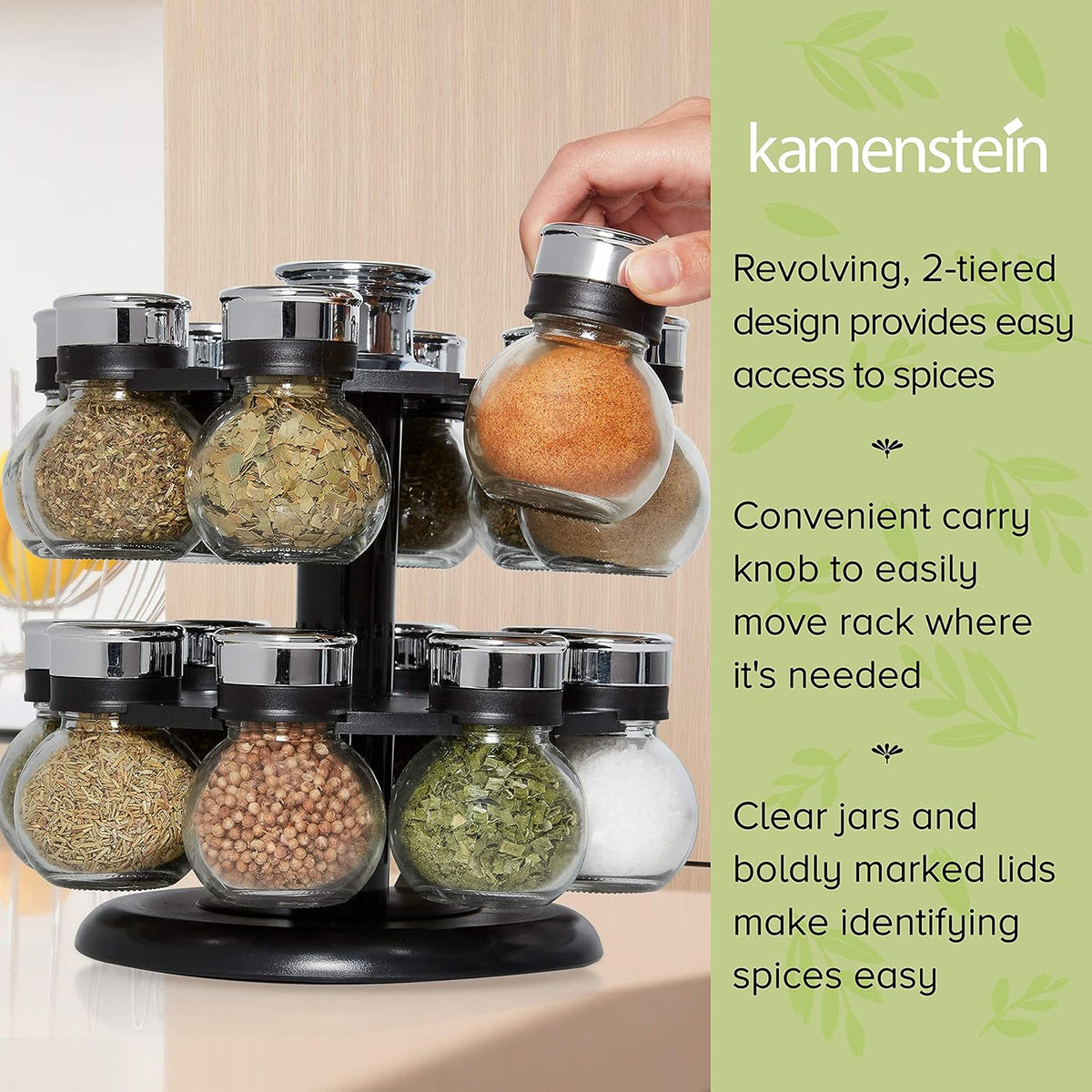 16 Jar Heritage Revolving Countertop Spice Rack Organizer with Spices Included, FREE Spice Refills for 5 years, Brushed Stainless Steel with Black Caps