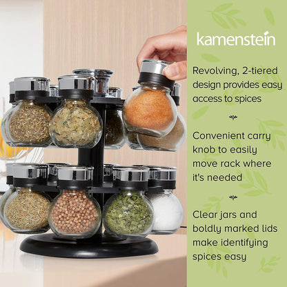 16 Jar Heritage Revolving Countertop Spice Rack Organizer with Spices Included, FREE Spice Refills for 5 years, Brushed Stainless Steel with Black Caps