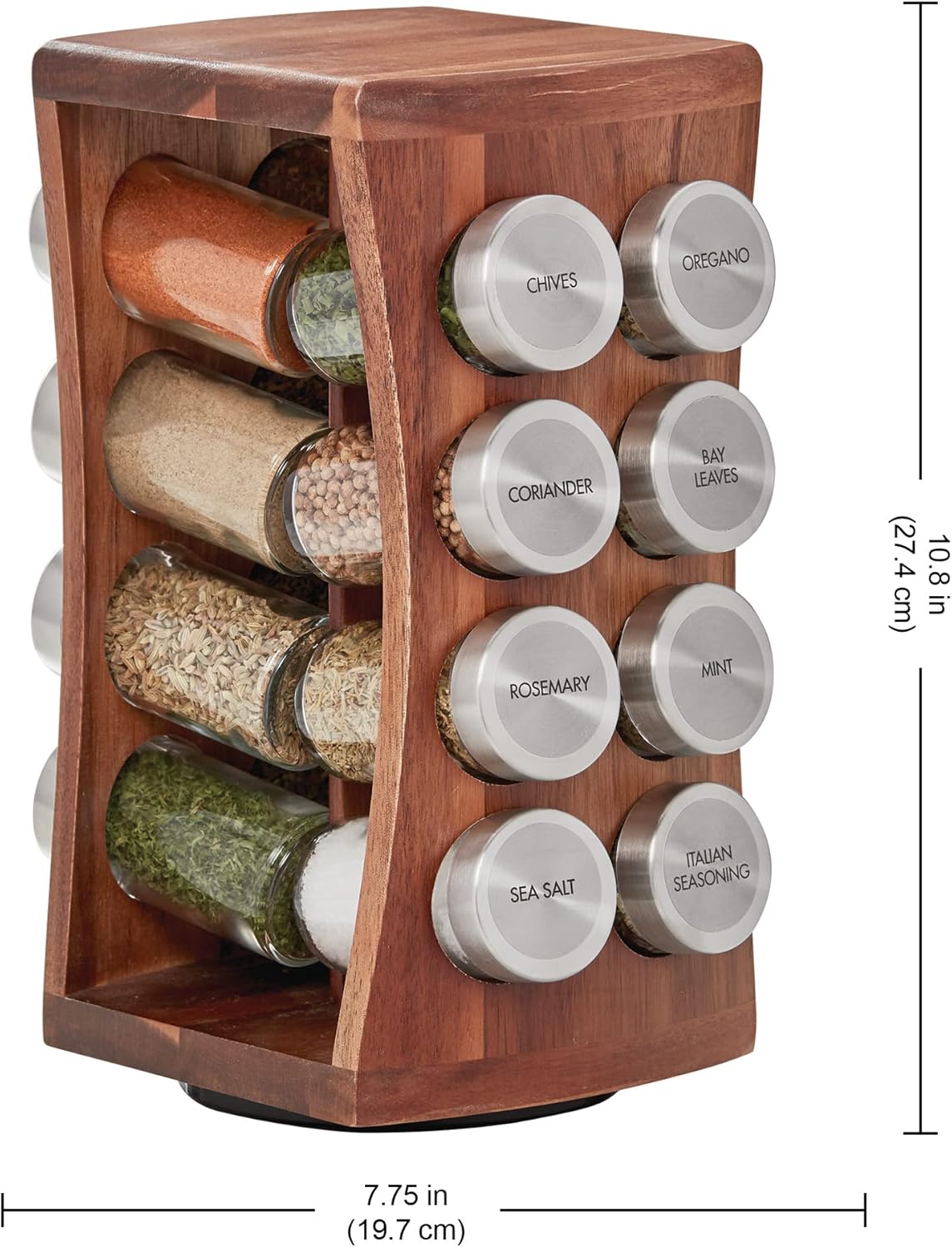 16 Jar Heritage Revolving Countertop Spice Rack Organizer with Spices Included, FREE Spice Refills for 5 years, Brushed Stainless Steel with Black Caps