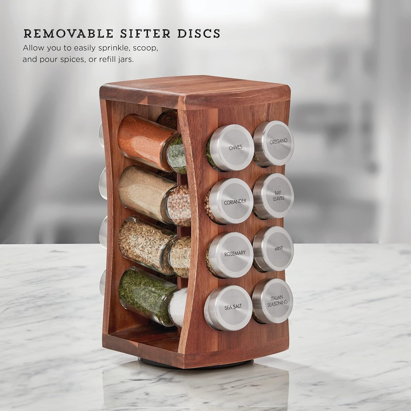 16 Jar Heritage Revolving Countertop Spice Rack Organizer with Spices Included, FREE Spice Refills for 5 years, Brushed Stainless Steel with Black Caps