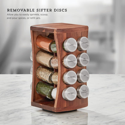 16 Jar Heritage Revolving Countertop Spice Rack Organizer with Spices Included, FREE Spice Refills for 5 years, Brushed Stainless Steel with Black Caps