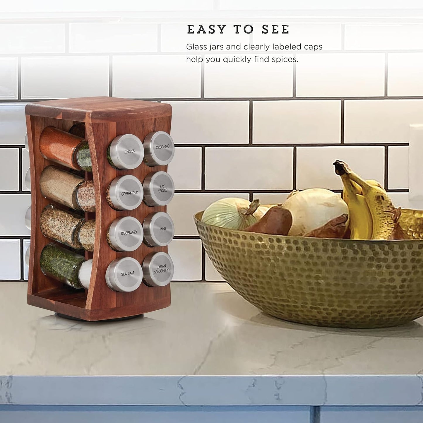 16 Jar Heritage Revolving Countertop Spice Rack Organizer with Spices Included, FREE Spice Refills for 5 years, Brushed Stainless Steel with Black Caps