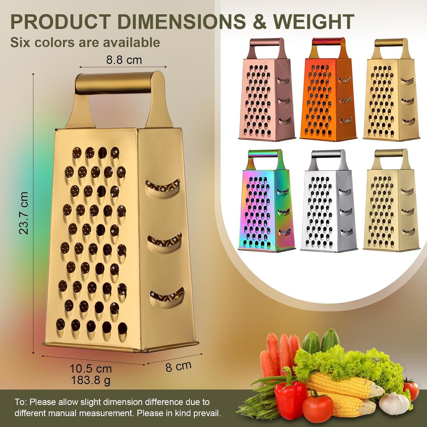Rainbow Cheese Grater Handheld Grater for Kitchen, Stainless Steel 4 Sided Cheese Grater with Handle for Grinding Shredding & Slicing, Dishwasher Safe