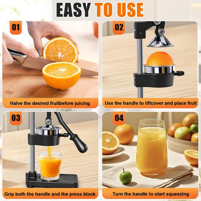 Manual Cast Iron Citrus Juicer,Commercial Hand Press,Heavy Duty Countertop Squeezer for Fresh Orange Lemon Juice,Stable When Pressed,Easy to Use & Clean (black)