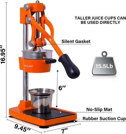 Manual Cast Iron Citrus Juicer,Commercial Hand Press,Heavy Duty Countertop Squeezer for Fresh Orange Lemon Juice,Stable When Pressed,Easy to Use & Clean (black)