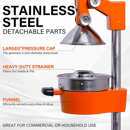 Manual Cast Iron Citrus Juicer,Commercial Hand Press,Heavy Duty Countertop Squeezer for Fresh Orange Lemon Juice,Stable When Pressed,Easy to Use & Clean (black)