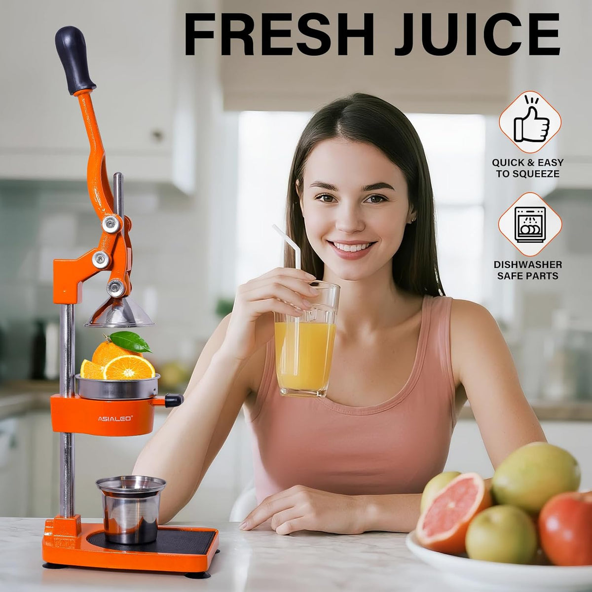 Manual Cast Iron Citrus Juicer,Commercial Hand Press,Heavy Duty Countertop Squeezer for Fresh Orange Lemon Juice,Stable When Pressed,Easy to Use & Clean (black)