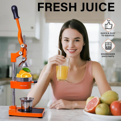Manual Cast Iron Citrus Juicer,Commercial Hand Press,Heavy Duty Countertop Squeezer for Fresh Orange Lemon Juice,Stable When Pressed,Easy to Use & Clean (black)