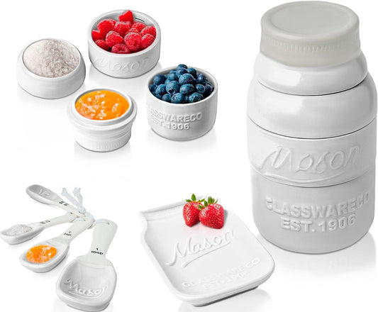 White Mason Jar Measuring Set – 4 Cups, 4 Spoons, Spoon Rest | White; ceramic; 9-piece set; 4 measuring cups + 4 measuring spoons + spoon rest; mason jar design; hand wash only