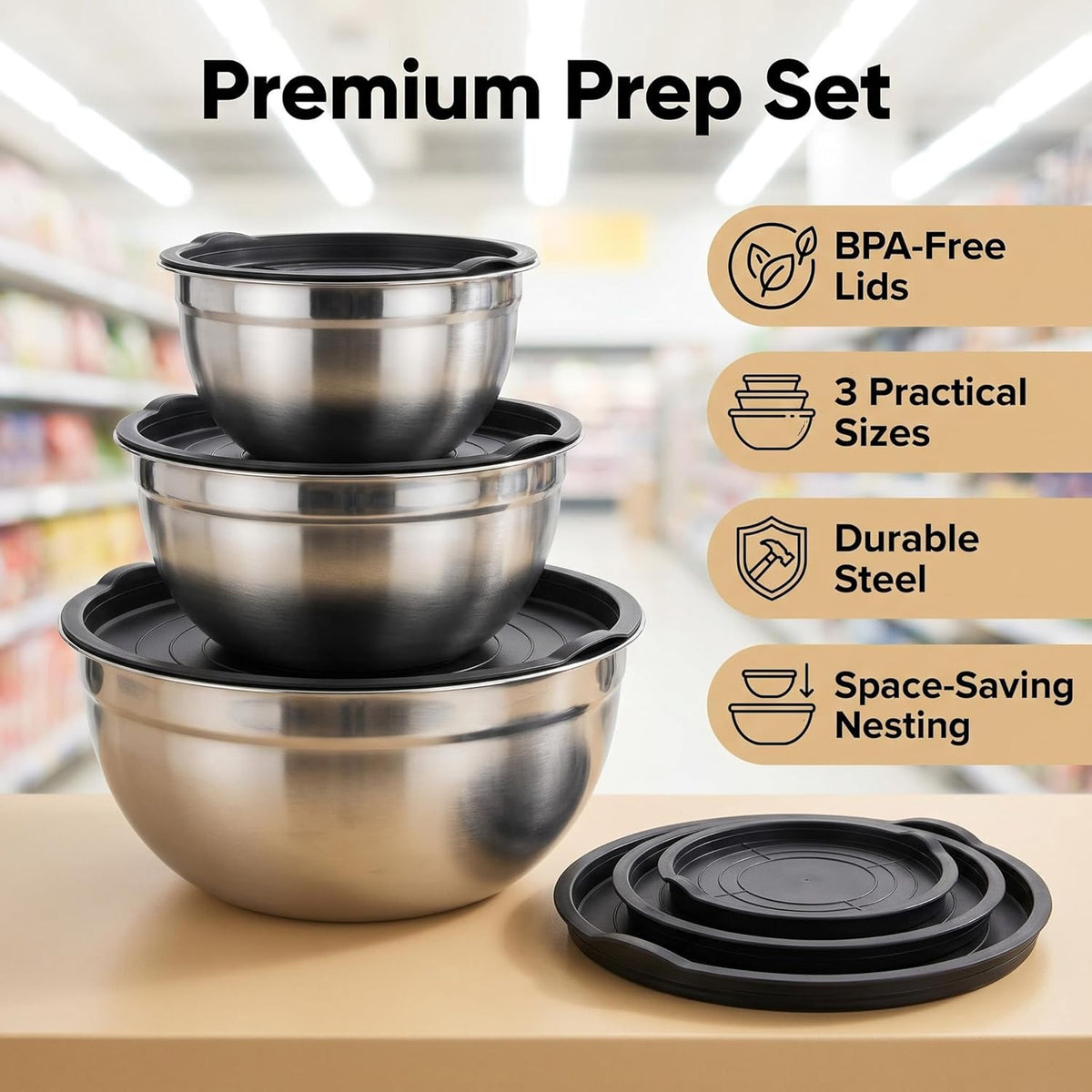 Mixing Bowls with Lids Set of 3, Stainless Steel Nesting Bowls, 1.5/2.5/5 QT Kitchen Bowls for Baking, Salad Prep, Meal Prep, Mixing and Storage