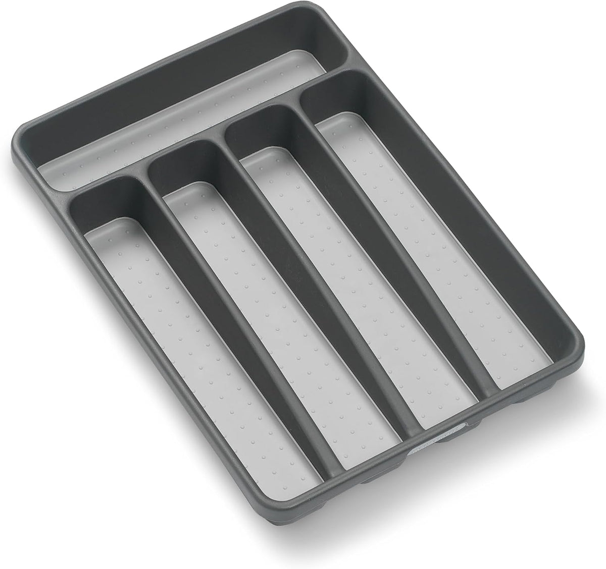Classic 5 Compartment Compact Silverware Tray, Granite | non slip feet, rounded corners, branded icons, soft grip lining, forks knives spoons, flatware sorting, woman owned