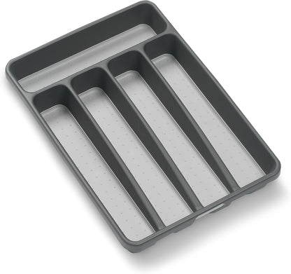 Classic 5 Compartment Compact Silverware Tray, Granite | non slip feet, rounded corners, branded icons, soft grip lining, forks knives spoons, flatware sorting, woman owned