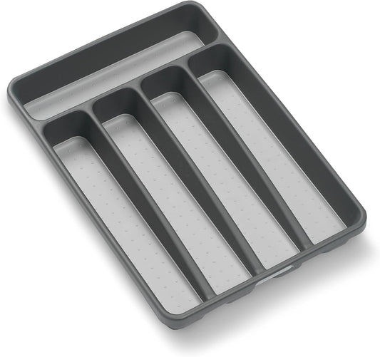 Classic 5 Compartment Compact Silverware Tray, Granite | non slip feet, rounded corners, branded icons, soft grip lining, forks knives spoons, flatware sorting, woman owned