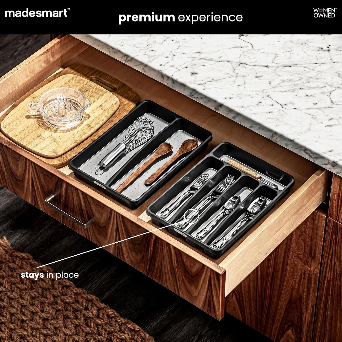 Classic 5 Compartment Compact Silverware Tray, Granite | non slip feet, rounded corners, branded icons, soft grip lining, forks knives spoons, flatware sorting, woman owned