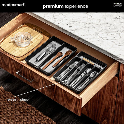 Classic 5 Compartment Compact Silverware Tray, Granite | non slip feet, rounded corners, branded icons, soft grip lining, forks knives spoons, flatware sorting, woman owned