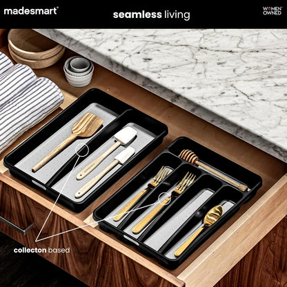 Classic 5 Compartment Compact Silverware Tray, Granite | non slip feet, rounded corners, branded icons, soft grip lining, forks knives spoons, flatware sorting, woman owned