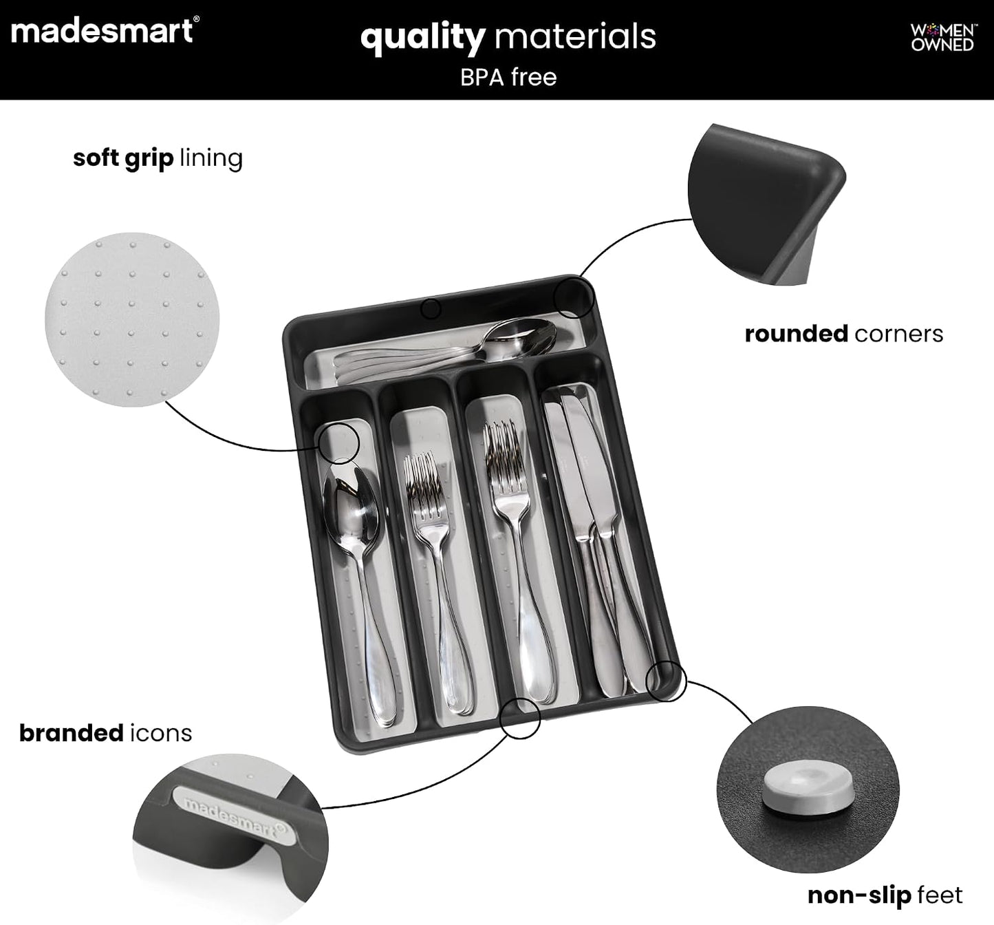 Classic 5 Compartment Compact Silverware Tray, Granite | non slip feet, rounded corners, branded icons, soft grip lining, forks knives spoons, flatware sorting, woman owned