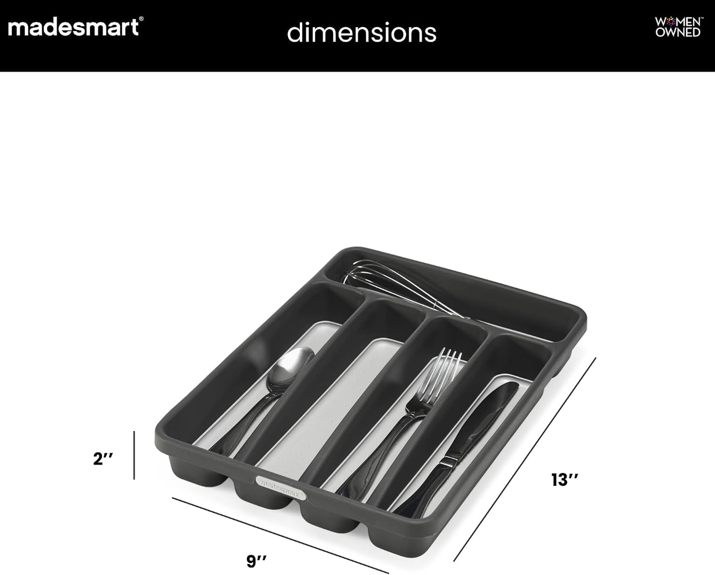Classic 5 Compartment Compact Silverware Tray, Granite | non slip feet, rounded corners, branded icons, soft grip lining, forks knives spoons, flatware sorting, woman owned