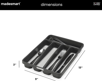 Classic 5 Compartment Compact Silverware Tray, Granite | non slip feet, rounded corners, branded icons, soft grip lining, forks knives spoons, flatware sorting, woman owned