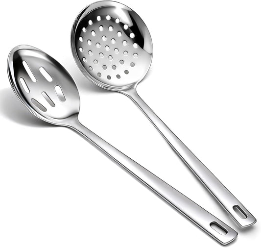 Slotted Spoons for Straining 2 pcs 13", Stainless Steel Kitchen Spider Strainer Skimmer Ladle for Straining Pasta/Cooking/Frying, Metal Kitchen Utensils Pasta Spoon